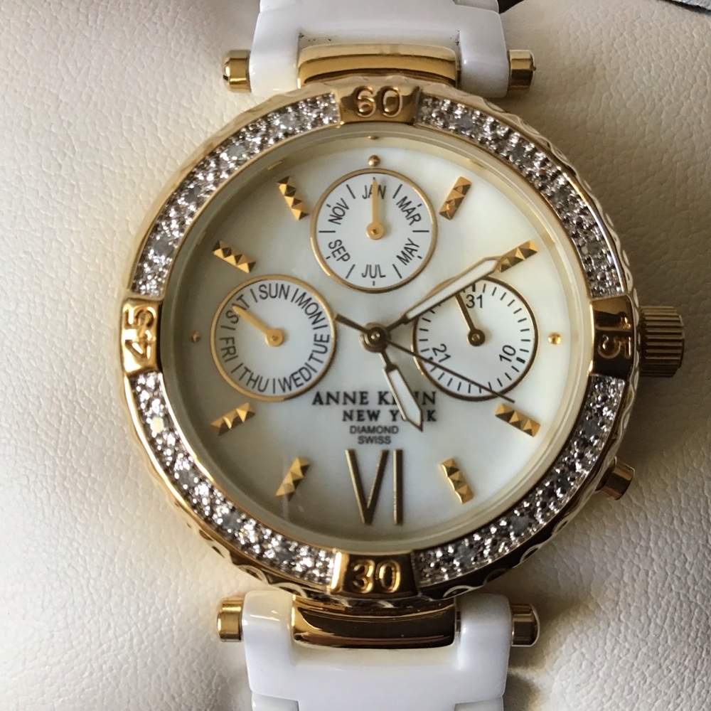 Anne Klein Swiss genuine diamond gold tone white ceramic mother of pearl watch - Picture 1 of 12